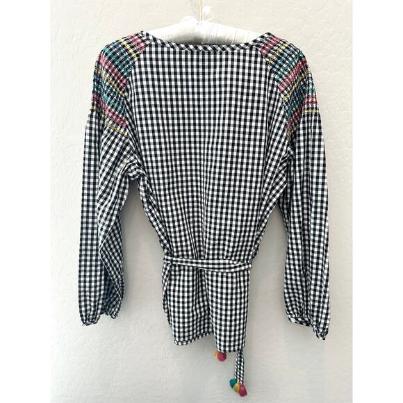 MADEWELL | Black Gingham Peasant Top Embroidered Sleeves Tassel Tie NWT | XL - Picture 5 of 9